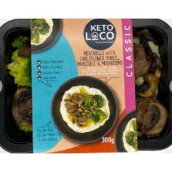 KETO LOCO MEATBALLS WITH CAULIFLOWER PUREE, BROCCOLI & MUSHROOMS